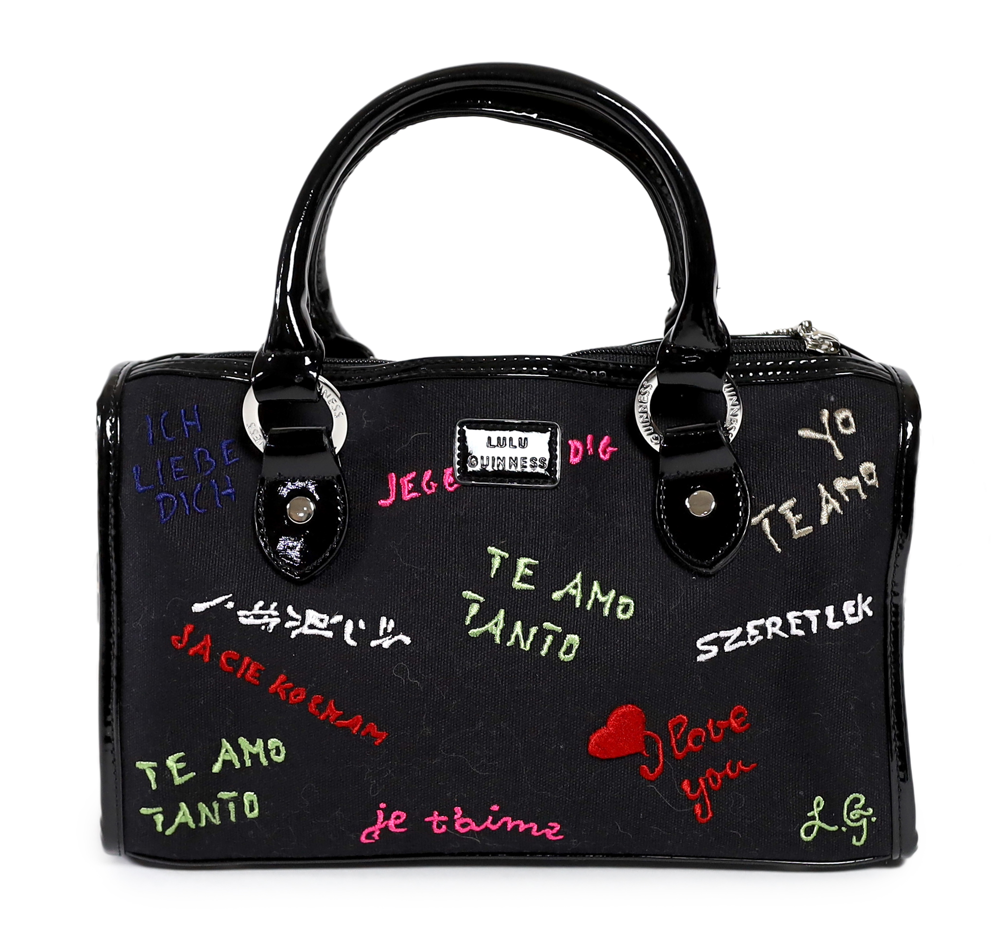 A Lulu Guinness vintage 'Keira' Love Graffiti embroidered canvas bag, unused with lilac dust bag, height 18cm, to handle 25cm, width 27cm, depth 9cm